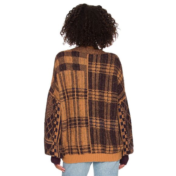 Free People NWT Sepia Plaid Jacquard Oversize Cardigan Birchwood Combo Medium - Picture 2 of 8